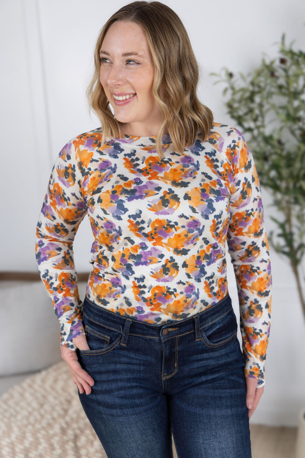 Blair Long Sleeve Top - Autumn Purple Abstract